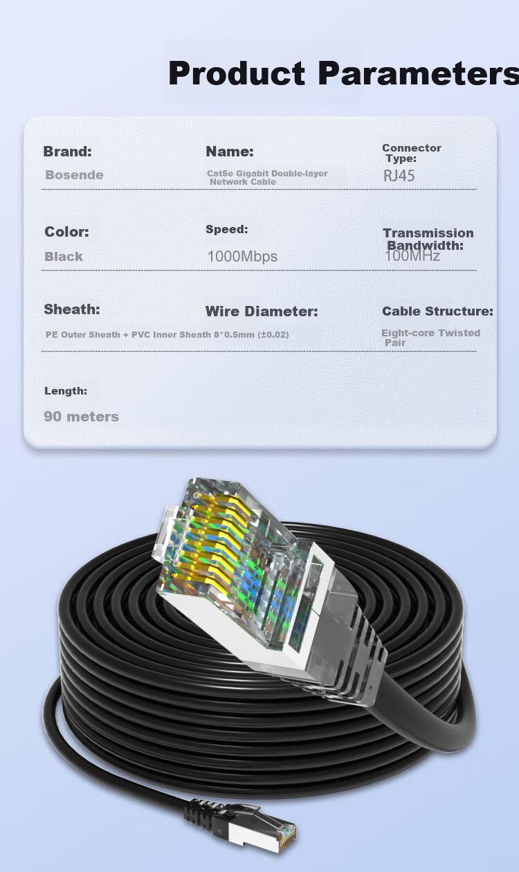 BOSENDE Outdoor Ethernet Cable Cat5e 90 Meters, Home Network Cable Waterproof Sun-Resistant Cold-Resistant with RJ45 Connectors Cat5 Unshielded Network Cable BSD-CPY5 6