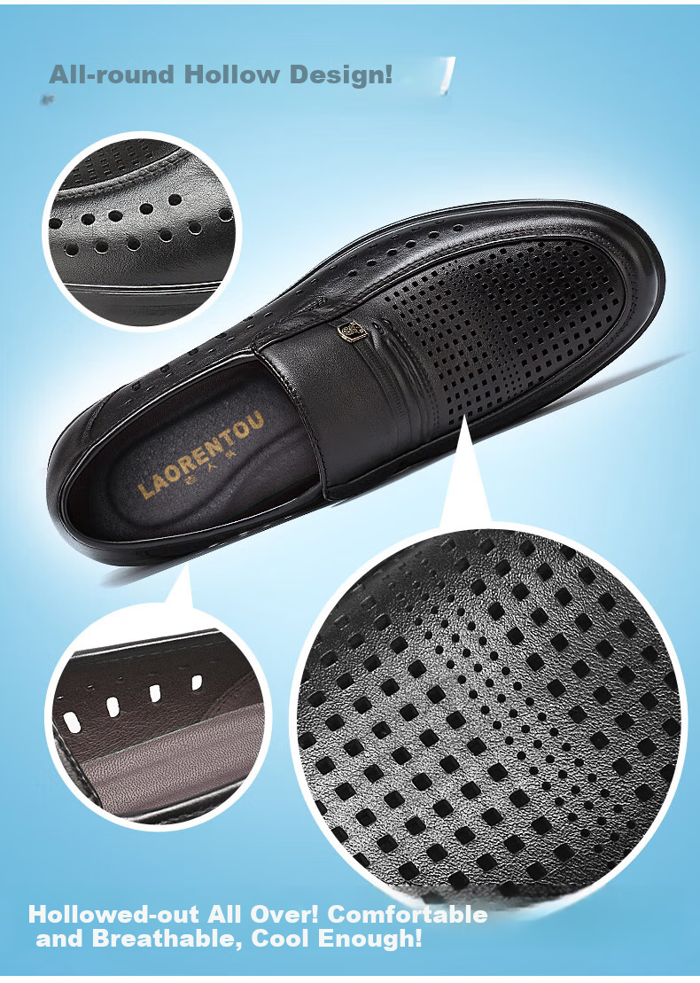 LAORENTOU Men's Summer Business Formal Slip-On First Layer Breathable Driving Shoes LJD587 Black Hollowed Out Size 40 3