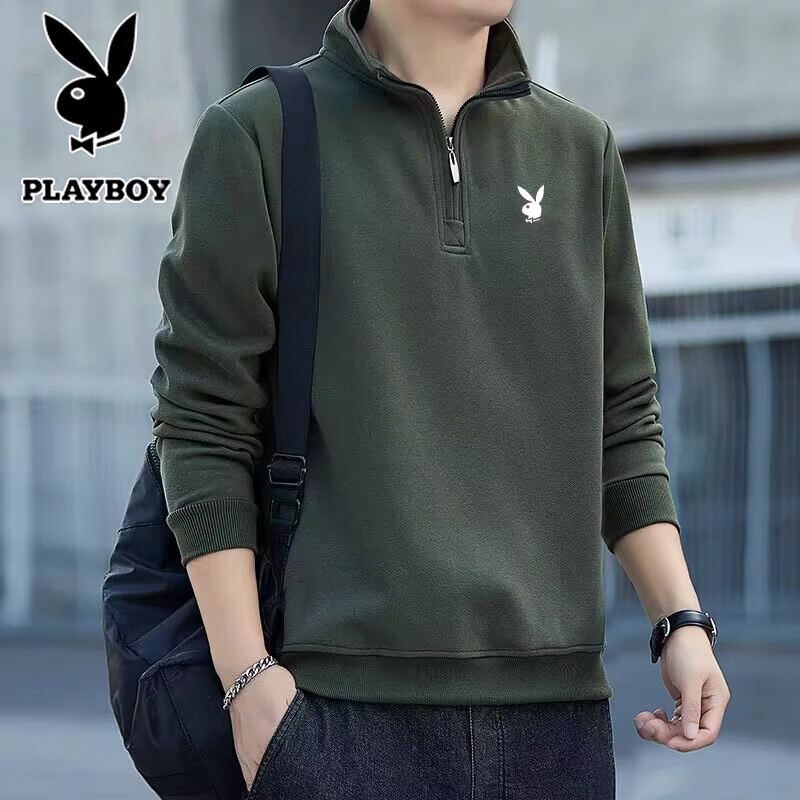 PLAYBOY Men's Sweatshirt Spring and Autumn Long Sleeve T-Shirt Casual Loose Sports Tee Autumn Base Layer Shirt Military Green XL