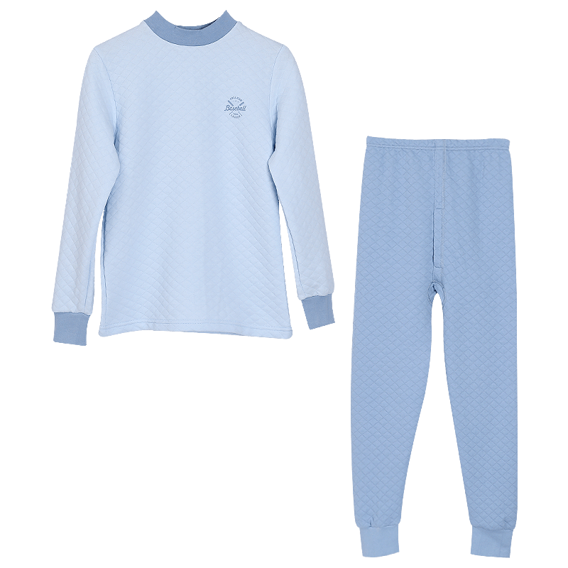 Hodohome Kids Thermal Underwear Boys' Half Turtleneck Cotton Triple-Layer Quilted Thickened Air Layer Autumn Shirt and Pants 205 Blue Size 130
