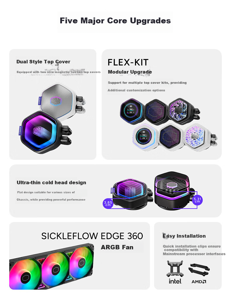 CoolerMaster Ice God G360/Dragon Shadow 2nd Generation ARGB CPU Water Cooler, Basic Version, Dual-Style Top Cover/multi-Platform Mounting/optimized Copper Base Water Channel/ATMOS II 1