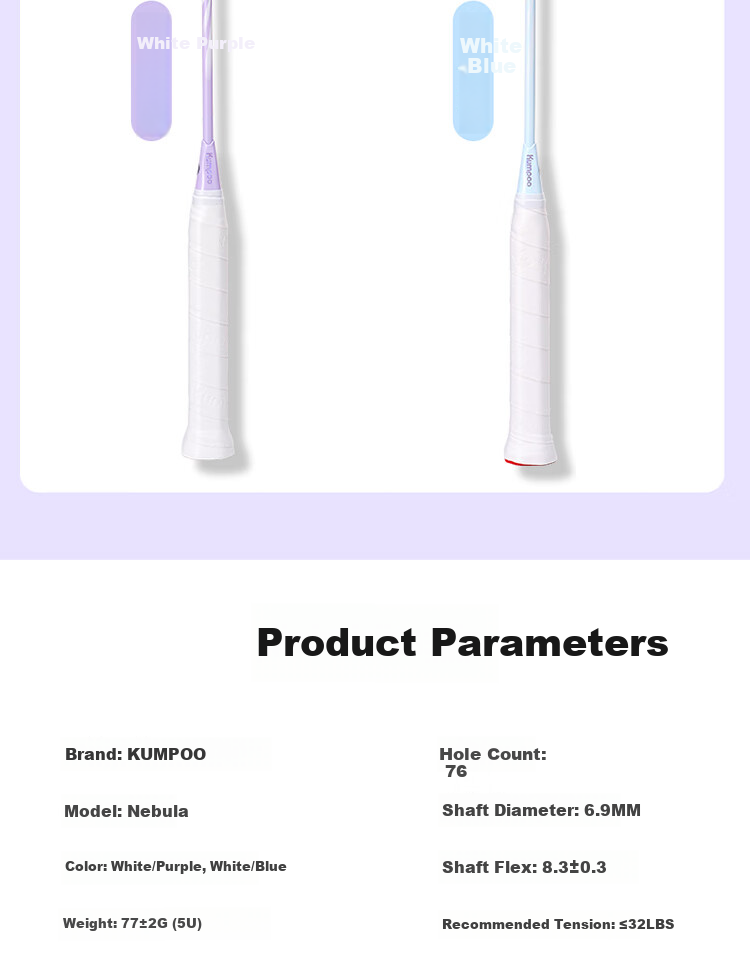 KUMPOO Badminton Racket, Full Carbon Fiber, 5U Ultra-Light Offensive Type, for Beginners And Intermediate Players, Single Racket, Xunfeng Nebula White And Purple Color 11