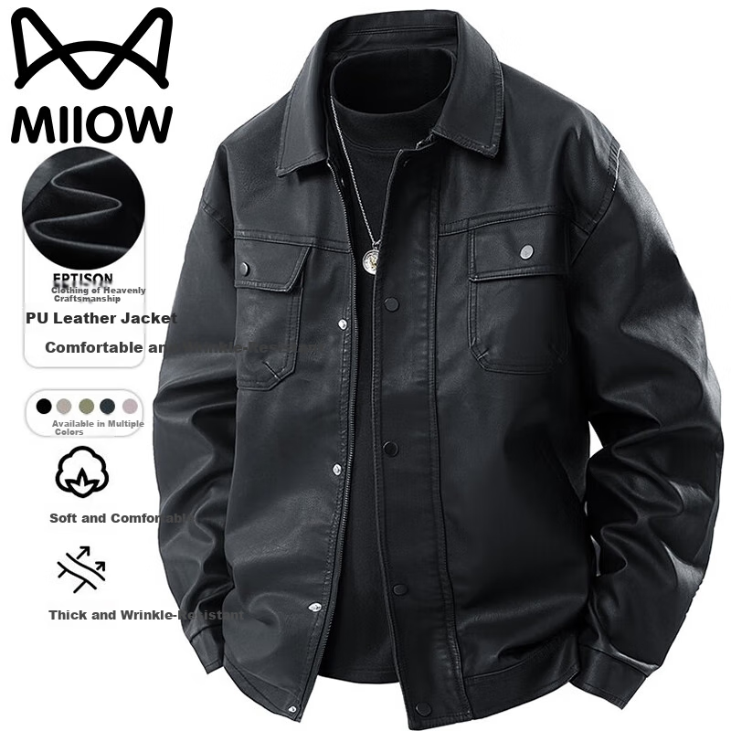 MiiOW Men's Jacket, Spring And Autumn Business Casual Outerwear, PU Leather Coat, Fashionable Trendy Jacket, Black, 3XL