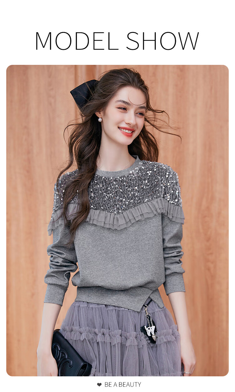 LOUISYAO Sequin Embellished Mesh Splice Sweatshirt 2025 Autumn Winter New Split Hem Fashion Top for Women Gray S 11