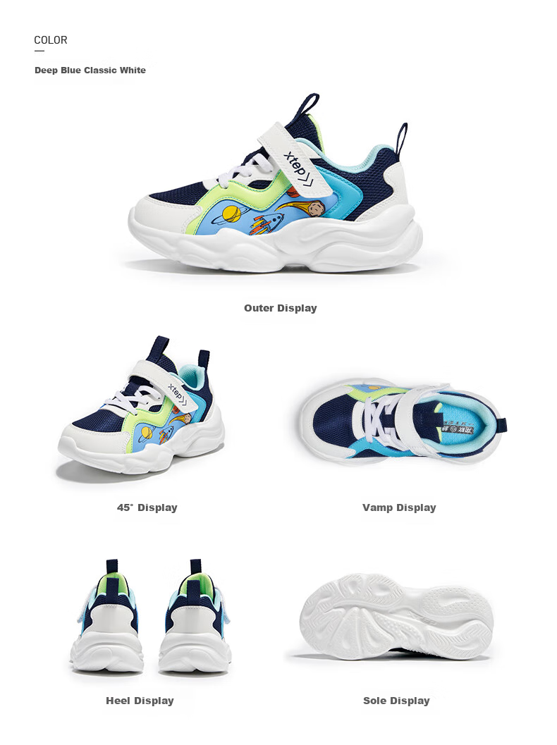 XTEP Kids Velcro Sports Shoes Boys Toddlers High-top Thick-soled Casual Shoes Deep Blue/Classic White Size 31 11