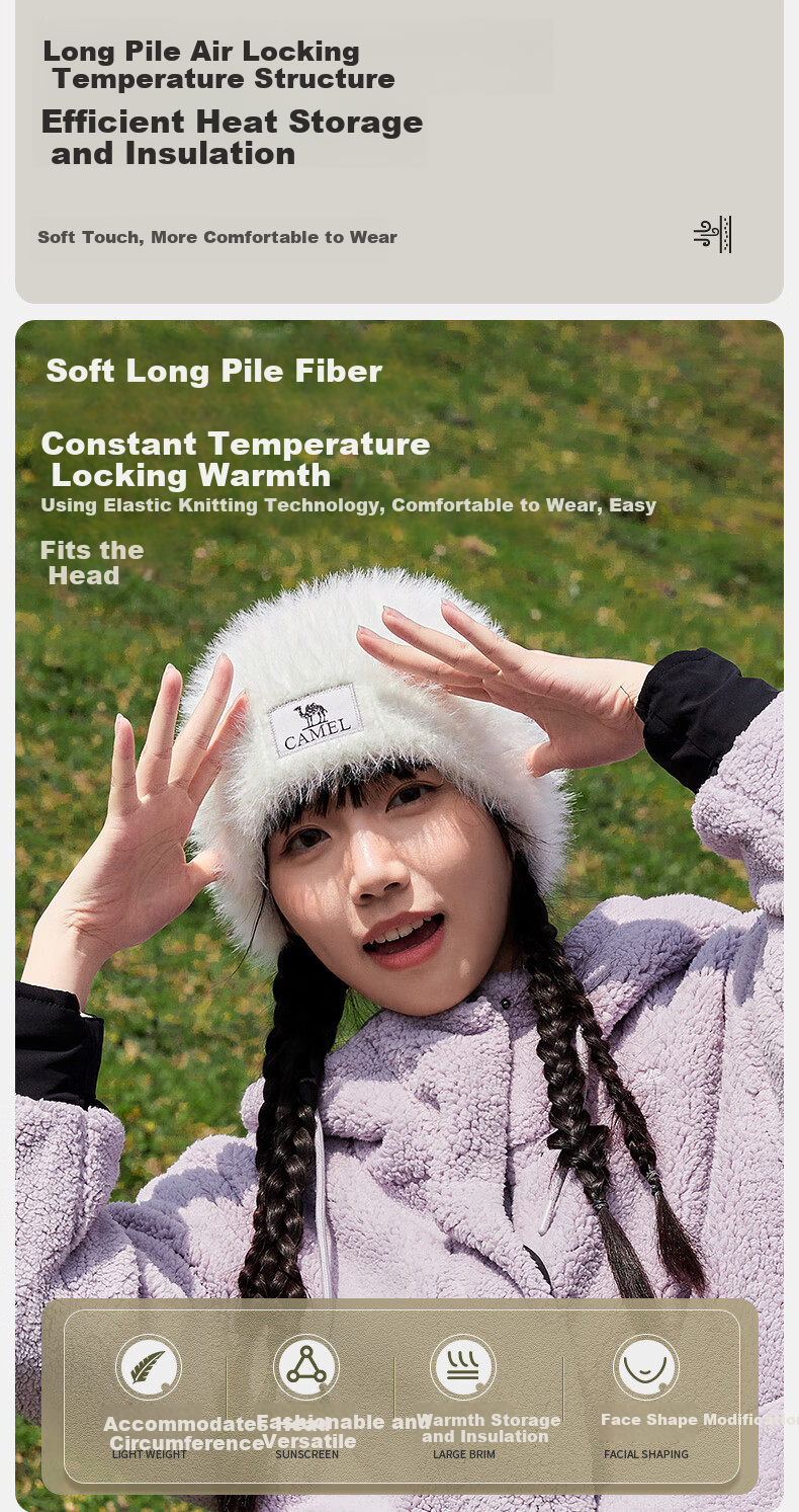 CAMEL Plush Knitted Hat for Women, Winter Cold Protection Ear-Covering Thick Warm Face-Slimming Knitted Cap 133CP15061 2