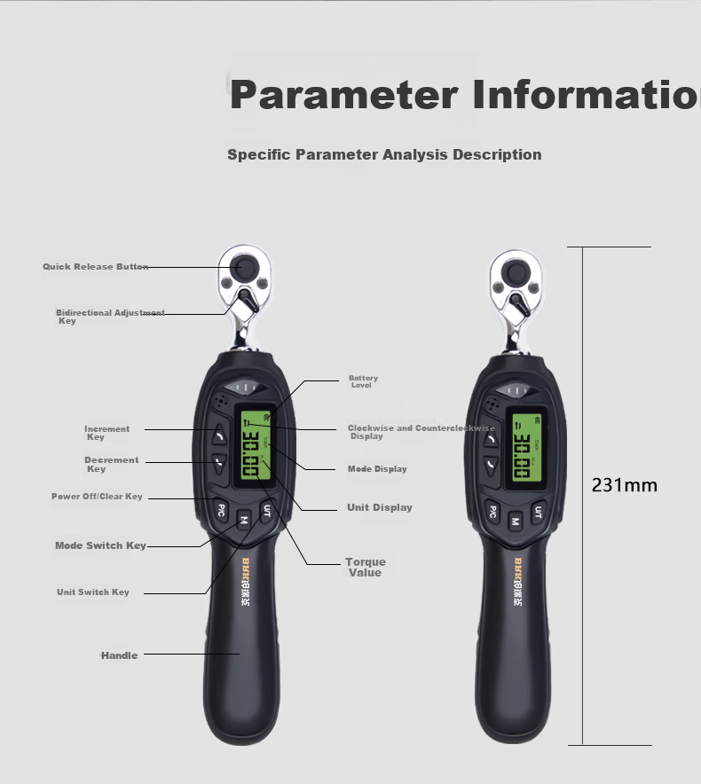 Poruike BQA2-12BN Digital Torque Wrench, High-Precision Electronic Torque Wrench, Ratchet Head, Preset Torque Wrench 9