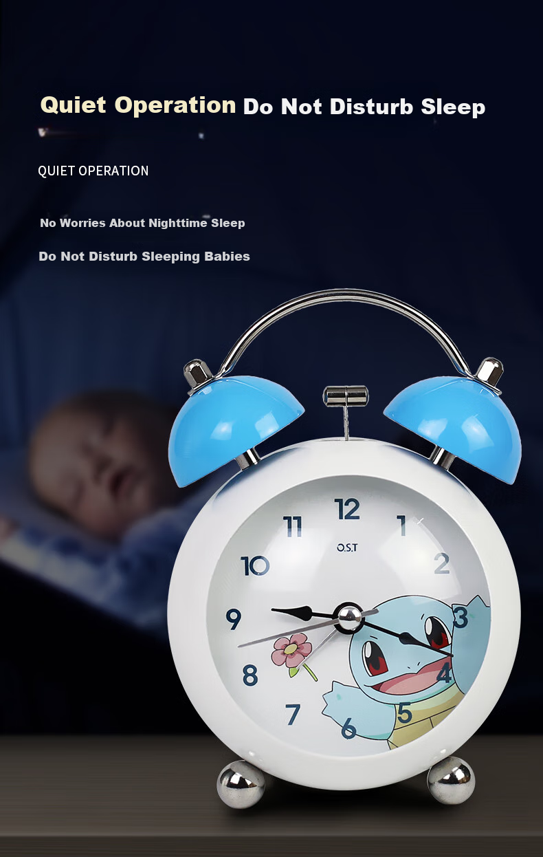 Mashi [Battery Included] Alarm Clock for Children, Cartoon Night Light, Loud Volume, Creative Elementary School Student Bedside Clock, Mechanical Bell Ringing, Lazy Person's Mini Metal Alarm Clock, Blue Gift 6