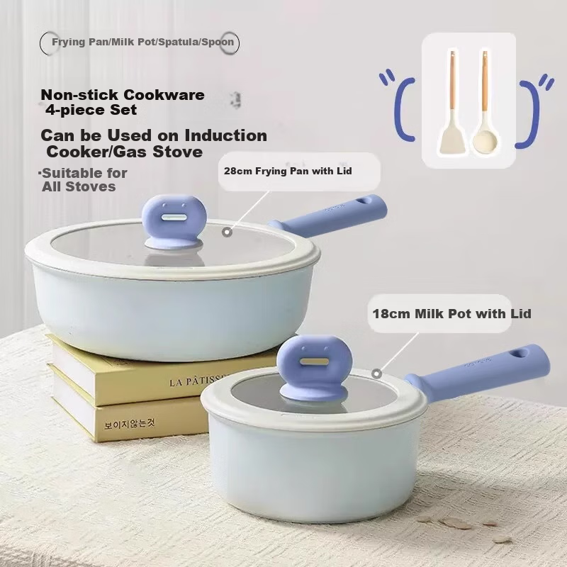 CaROTE Cookware Set Non-Stick Pan Complete Set for Home Kitchen Cooking Utensils Wok Milk Pot Baby Food Pot Flat Bottom Pot Soup Pot 4-Piece Set