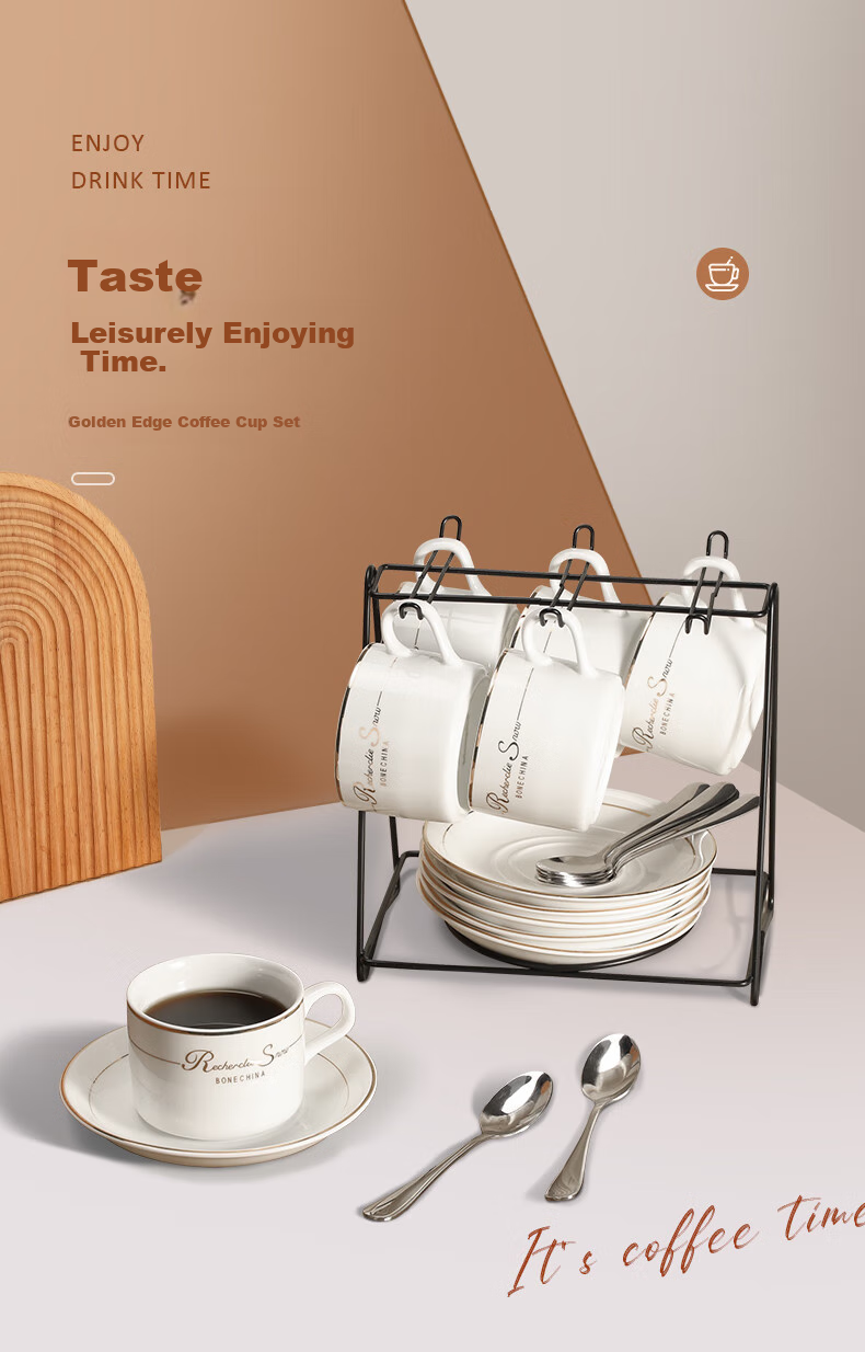 Mongdio Coffee Cup Set with European Gold Rim Ceramic Cups, Mugs, Water Cups, with Handles, 6 Cups, 6 Saucers, 6 Spoons, 1 Cup Holder, Gift Box Packaging 1