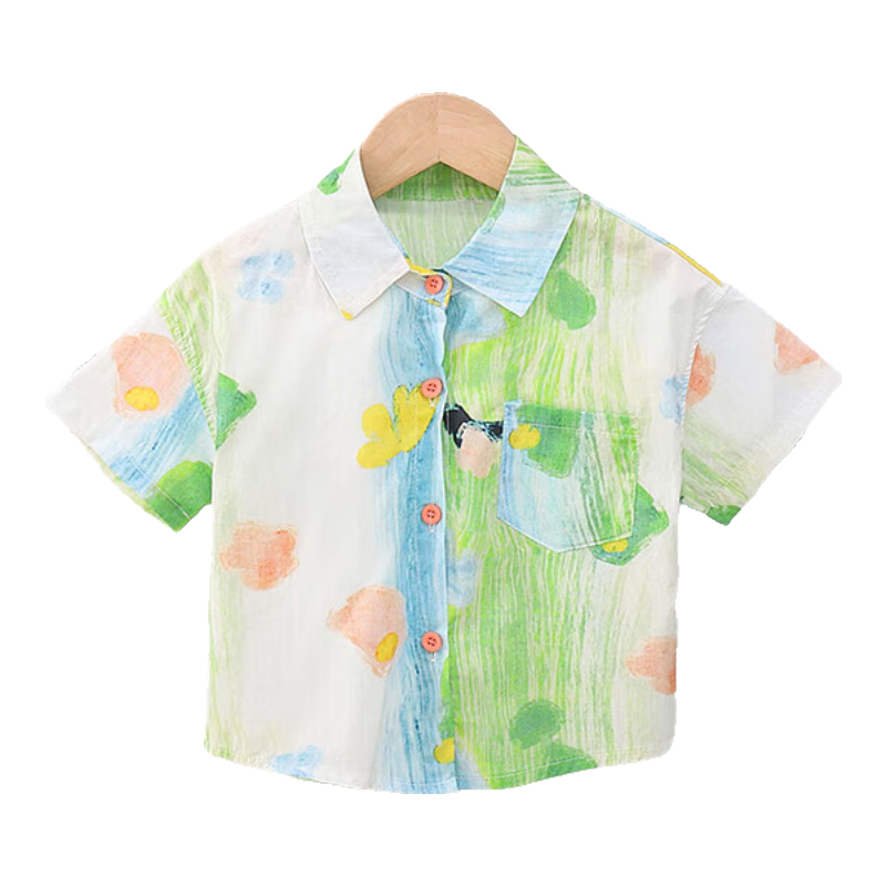 LUOBOBEIBEI Boys' Short-Sleeve Shirt, Printed Blouse, Beach Vacation Wear, Formal Attire for School Opening, 24311 Green, Size 110