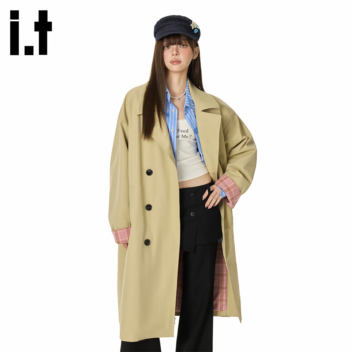 GROUND ZERO Unisex Autumn Mid-Length Trench Coat with Plaid Color-Block Lining Khaki M