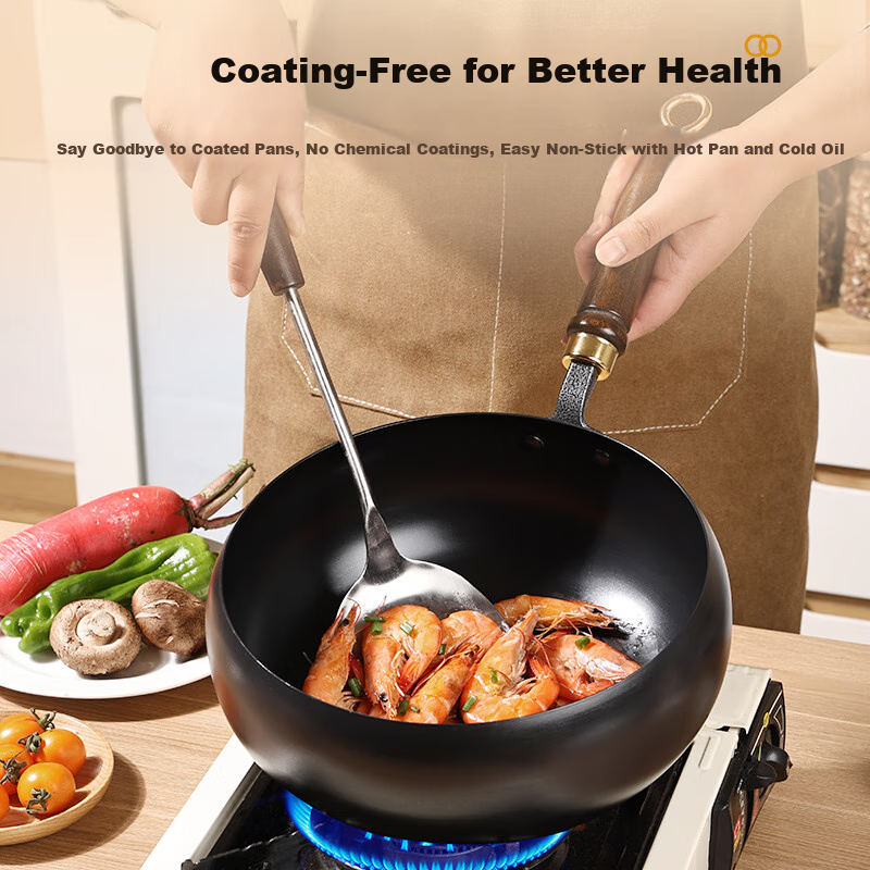 Jincun, Zhangqiu Large Belly Pot, Wok, Iron Pan, Non-Coated Stir-Fry Pan, Flat Bottom Stew Pot, Forged Fine Iron, Pre-Seasoned, 24cm