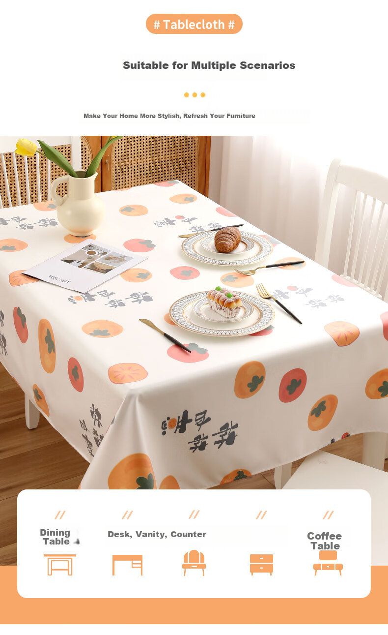 CHERISHES LIFE Waterproof And Oil-Resistant TPU Tablecloth, Washable Rectangular Dining Table Cover for Home Use, Tea Table Cloth, Persimmon-Shaped, Auspicious Design, 137*180cm 8