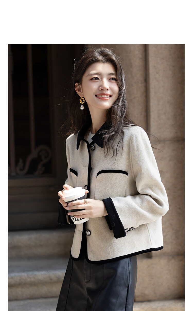 Demana Luxury Lightweight Double-Sided Wool Blend Winter Urban Elegant Color-Block Notched Lapel Loose Short Women's Coat 1