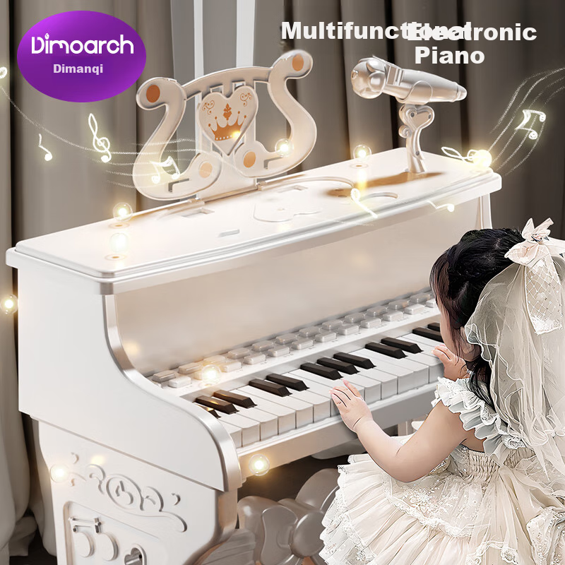 Dimoarch Children's Early Education Musical Instrument, Electronic Keyboard Toy for Kids, Playable Piano for Beginners with Seat And Microphone, White