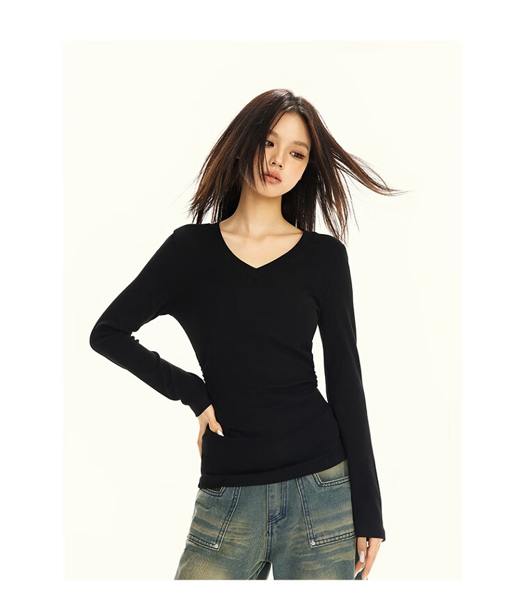 La Chapelle Black V-Neck Long Sleeve Slim Fit T-Shirt for Women 2025 Autumn Winter New Black XL 9