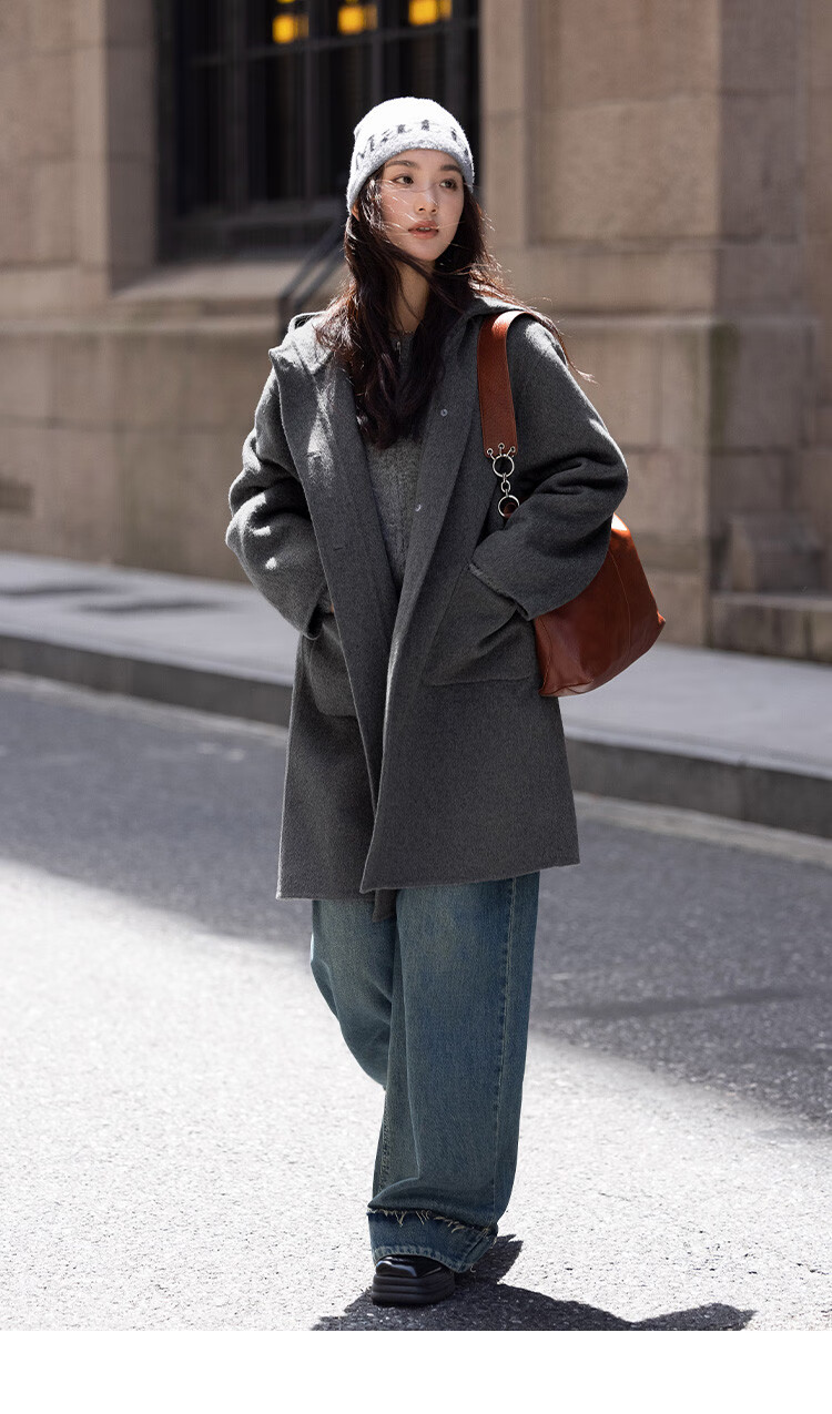 Demana College Style Winter Hooded Long Sleeve Mid-Length Wool Coat with Front Pockets and Open Placket 8