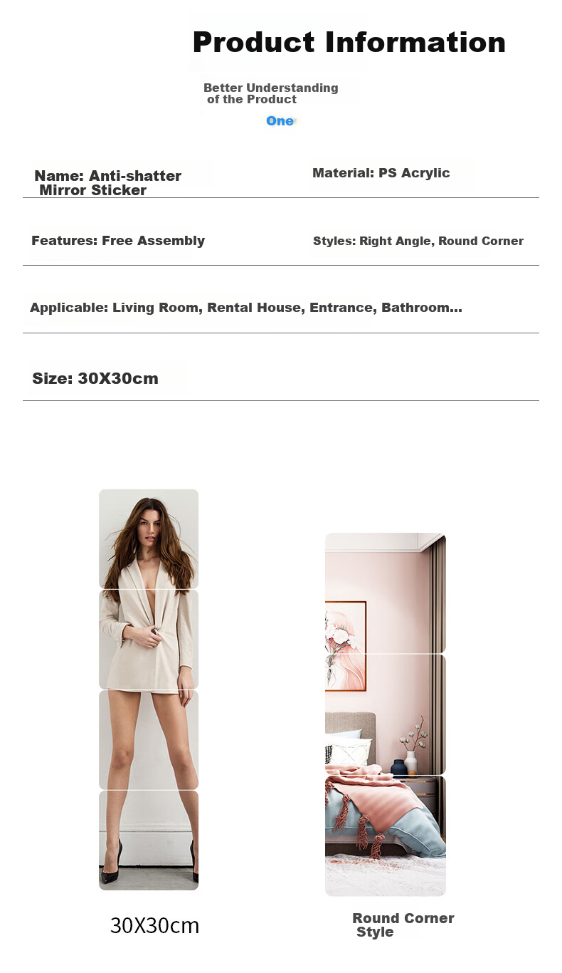 Lingchen Self-Adhesive Full-Length Mirror, No Drilling Required, Acrylic Anti-Breakage Mirror, Dressing Mirror for Rental Apartments, 30*30cm Trendy Wall-Mounted Soft Acrylic Mirror 11