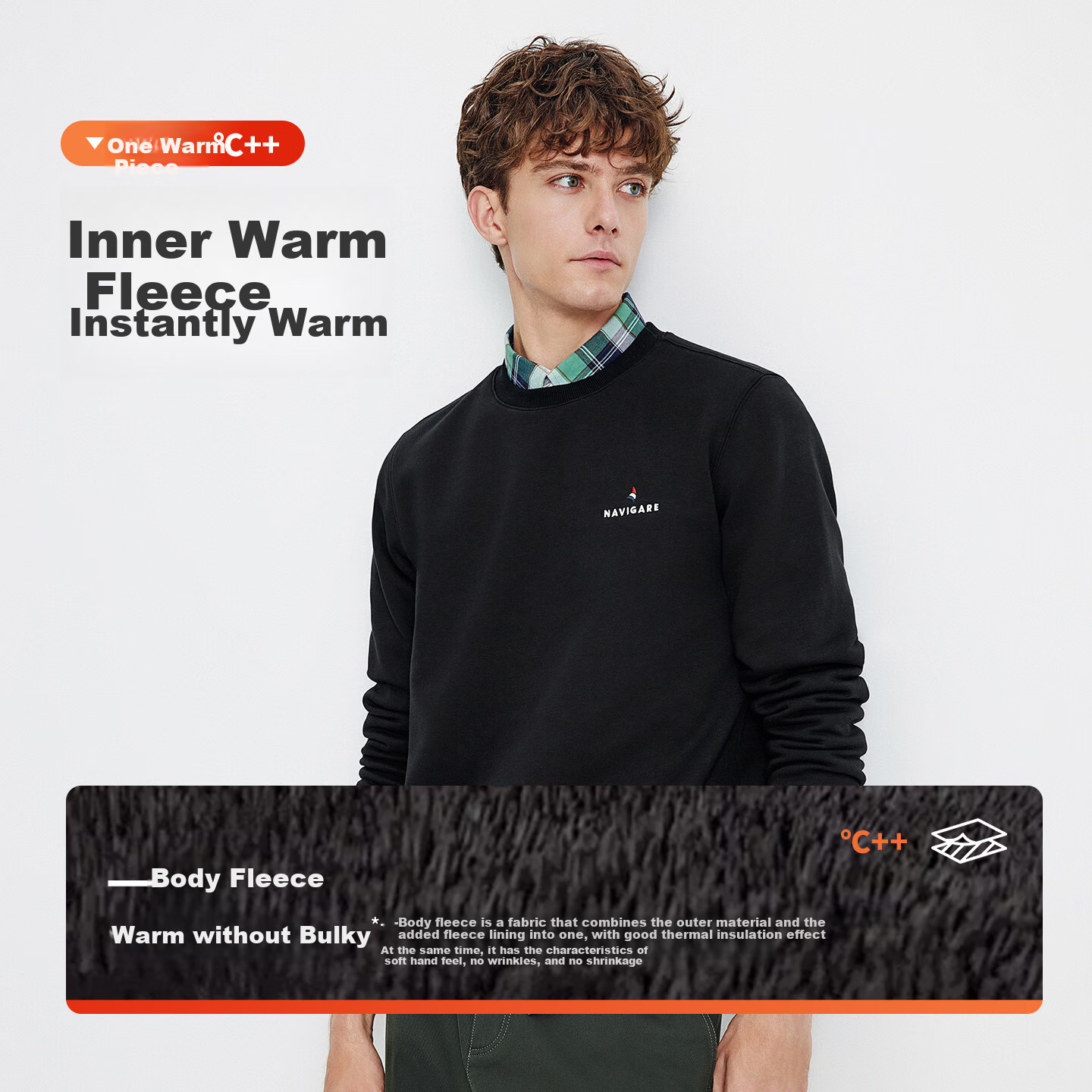 Navigare Small Sailboat Solid Color Basic Versatile Top Pullover Men's Inner Layer Fleece-Lined Warm Sweatshirt 1135805301 XL