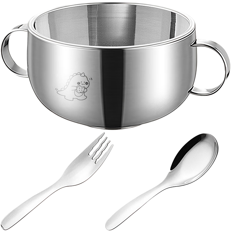 Baoshi Double-Handled Baby Food Bowl, Children's 316L Stainless Steel Bowl, Infant-Specific Rice Porridge Eating Bowl, Tableware with Fork And Spoon Included