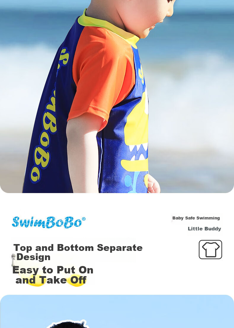 Swimbobo Children's Two-Piece Swimsuit for Boys, Cartoon Dinosaur Design, Short-Sleeve Swimwear, Beginner Swimming Gear, Size 120 9