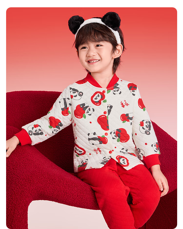 Balabala Kids Children's Underwear Set Boys Girls 2026 New Spring Padded Pajamas Red Thermal Top and Bottom New Year 6