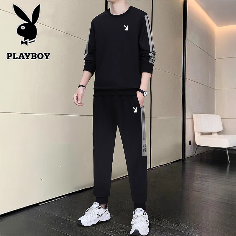 Playboy Men's Long Sleeve T-Shirt and Pants Set Spring Autumn Casual Sports Two-Piece Black XL