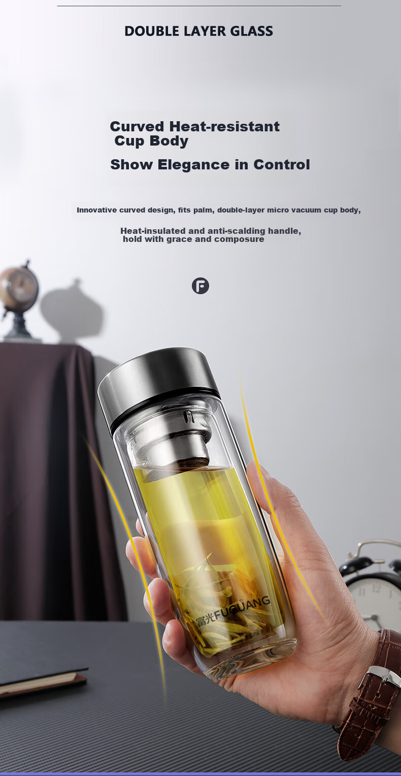 Fuguang Double-Layer Glass Cup with Tea Strainer, High Borosilicate Glass Water Bottle, Tea-Water Separation Car Tea Infuser Mug for Men 400ml 3