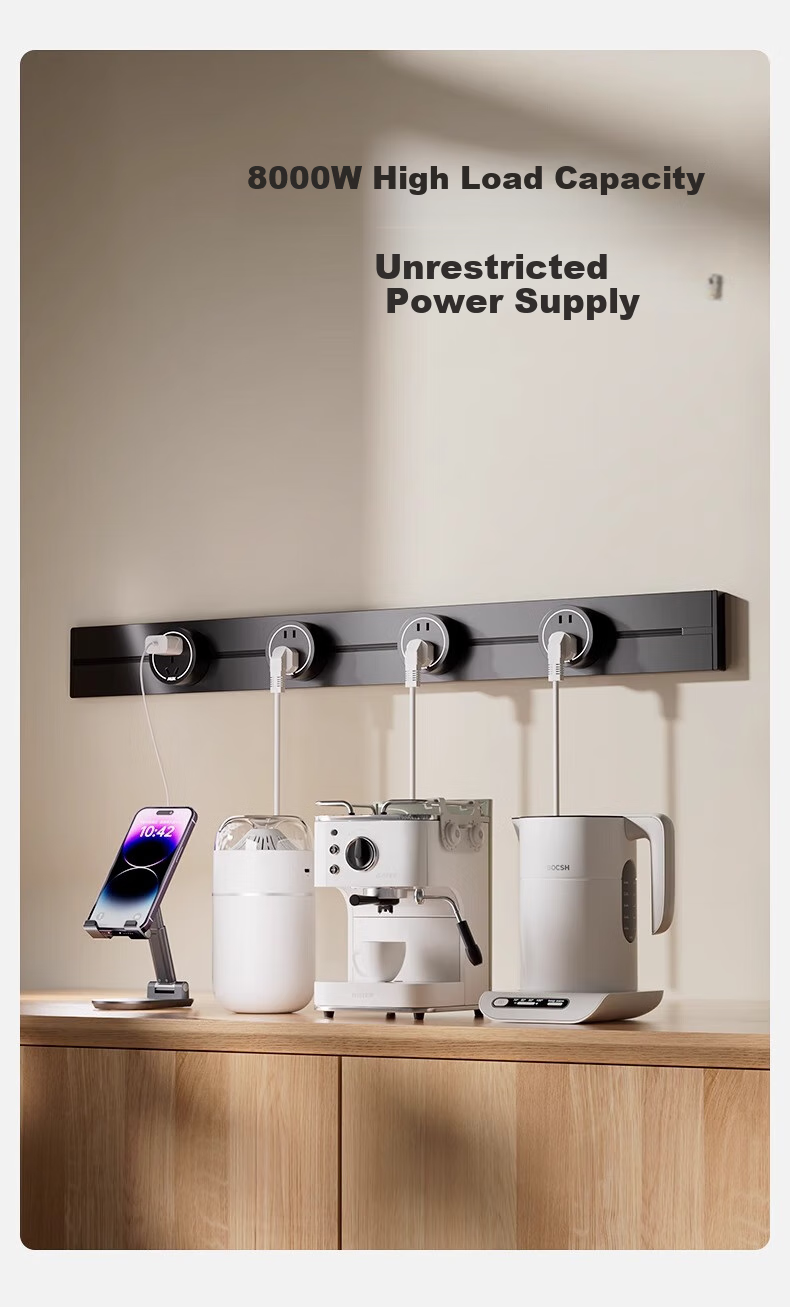 AUX Track Socket, Surface-Mounted No-Drilling Wall-Mounted Movable Wall Slide Socket Slim C6 Milk Gold, Earth Color 50cm + 4 White Light Rings Five-Hole 9
