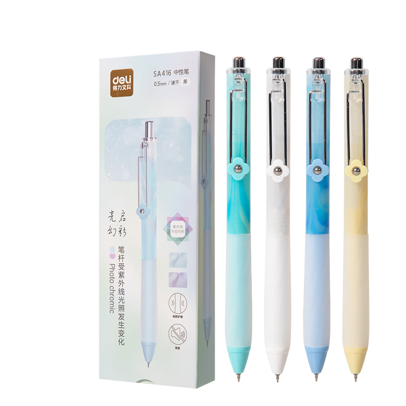 Deli Quiet Click Quick-Dry Gel Pen High-Value Color-Changing Barrel 0.5mm ST Tip Student Gel Pen Exam Pen Black 4pcs/Box SA416