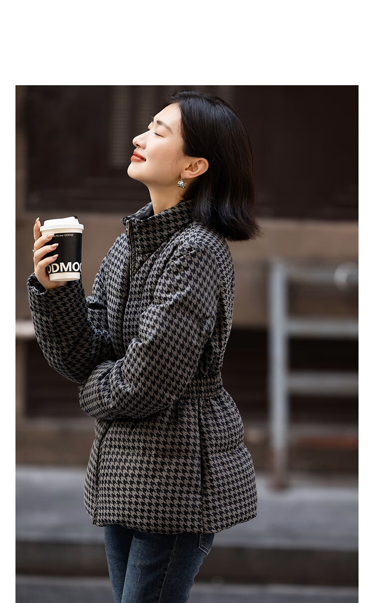 Dme [Northern Warm Oxygen Bar] Winter Small Stove 90% Duck Down Stand Collar PU Strap Waist Houndstooth Women's Down Jacket 2