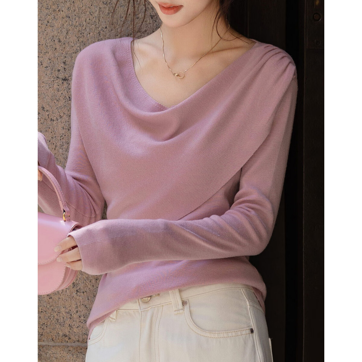 Demana [Heartbeat Knit Collection] Autumn Elegant Off-Shoulder Long Sleeve Wool Blend Knit Sweater for Women