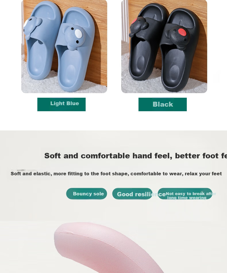 Huameijianbu Cute Bear Couple Simple Soft Elastic Indoor And Outdoor Non-Slip Slippers for Men HM222036 Black Size 44-45 4