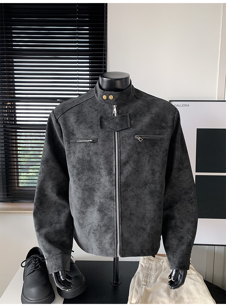 IZEXX Men's American Style Tie-Dye Jacket Autumn Winter Stand Collar Trendy Shoulder Motorcycle Leather Jacket ZGJ58 Black XL 1
