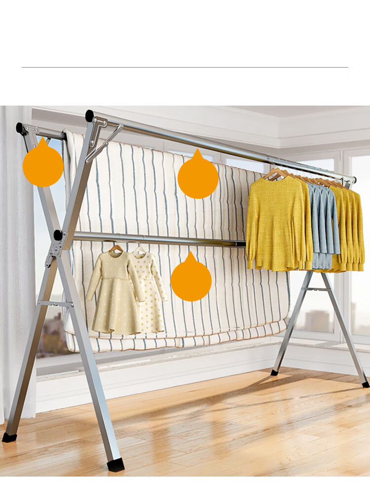 Huakaizhixing Foldable Clothes Drying Rack, Stainless Steel Retractable Clothes Hanger for Balcony, YJ67 Three-Rod with Wheels, 2.0 Meters 4