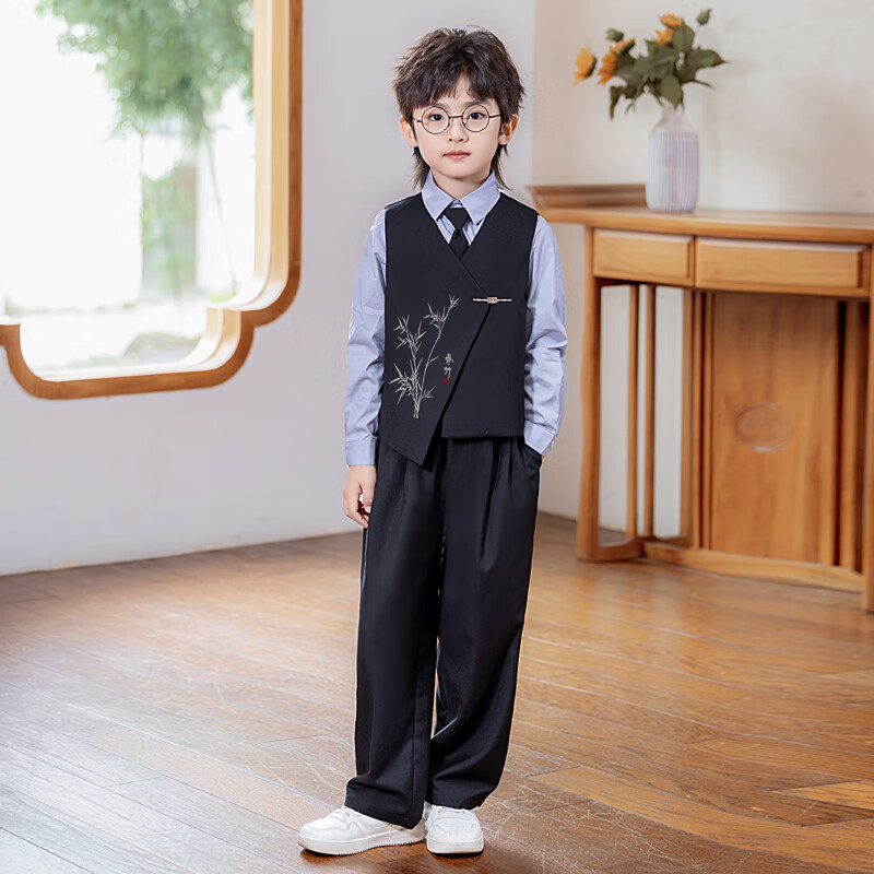 LUOBOBEIBEI Children's Suit New Chinese Style Boys' National Style Vest Flower Boy Formal Dress Boys' Performance Outfit Black Four-Piece Set 130