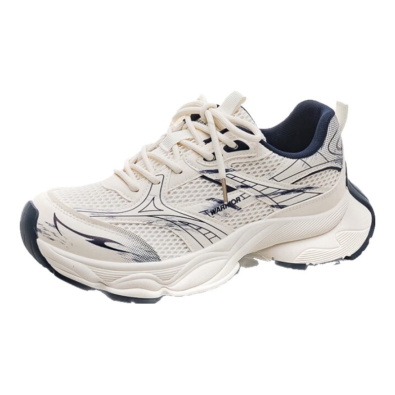 Warrior Official Women's Sports Shoes 2026 Summer New Thick Sole Breathable Dad Sneakers Women Beige/Navy Blue Size 36