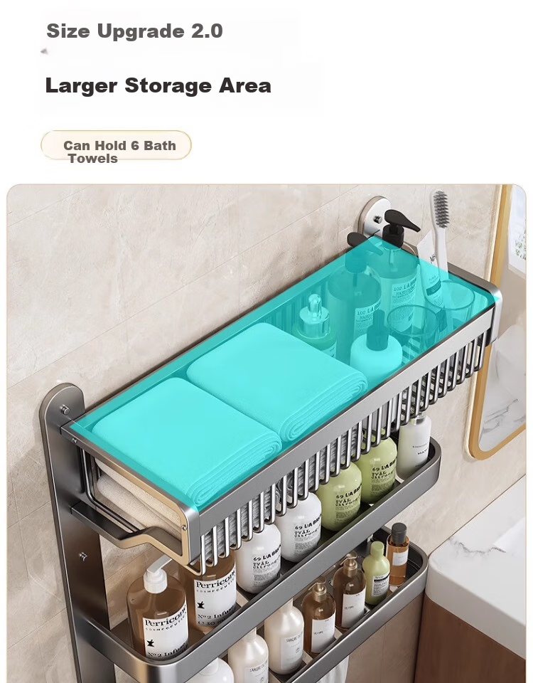 Jiabangshou Bathroom Storage Rack, No Drilling Required, Towel Rack, Bathroom Accessories Organizer, Space Aluminum Wall-Mounted Towel Rack - 2 Layers 5