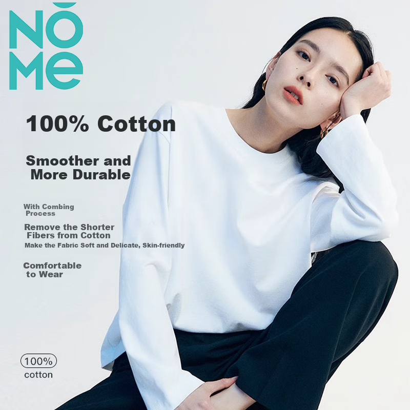 NOME White Pure Cotton Long-Sleeve T-Shirt, Women's Inner Layer for Autumn, Loose-Fitting Round Neck Solid Color Base Shirt, White, M 2