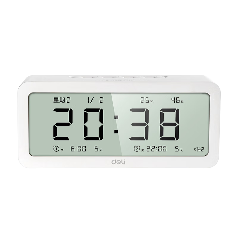 Deli Multifunctional Electronic Alarm Clock for Students And Children, Wake-Up Device with Temperature And Humidity Meter, White, Essential Back-To Item, New Year Gift