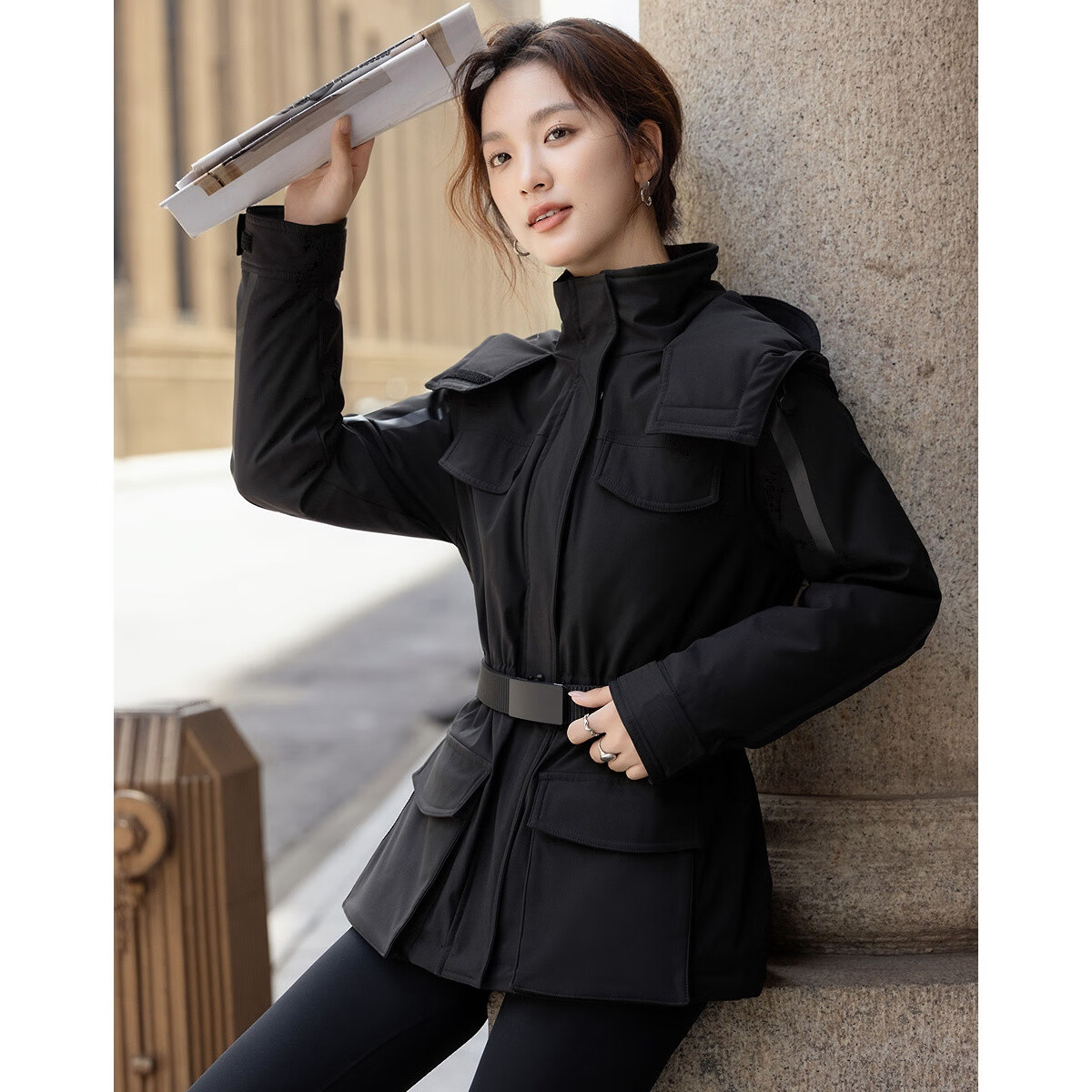 Demana Nordic Jacquard Cotton Three-Proof Winter 90% Goose Down Parachute Large Pocket Nylon Belt Women's Down Jacket