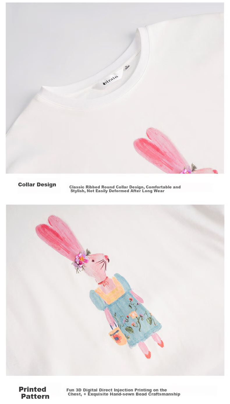 Olrain Fun Printed Short-Sleeve T-Shirt, Summer Women's Loose-Fit Beaded Top, Cotton-Like Breathable, Off-White, Size S 18