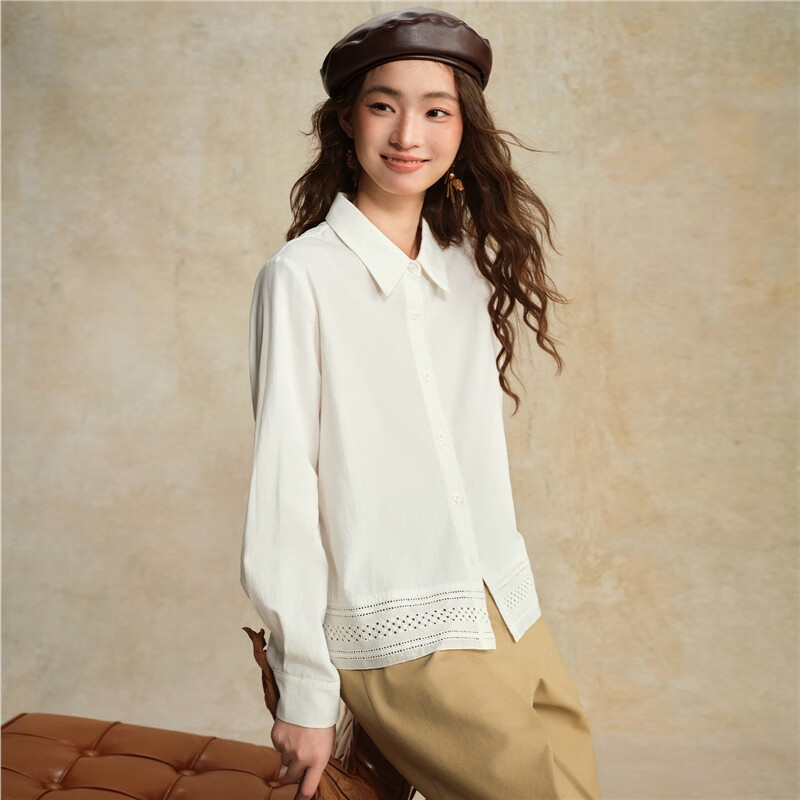 Giordano Designer Women's White Shirt New Pure Cotton Lace Patchwork Loose Long Sleeve Blouse 18345616