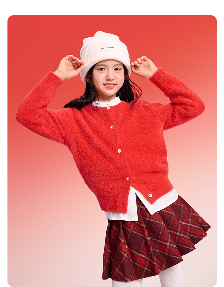 Balabala [balaOne] Girls' Soft Knit Cardigan Red New Year Festival Autumn Winter Sweater 1