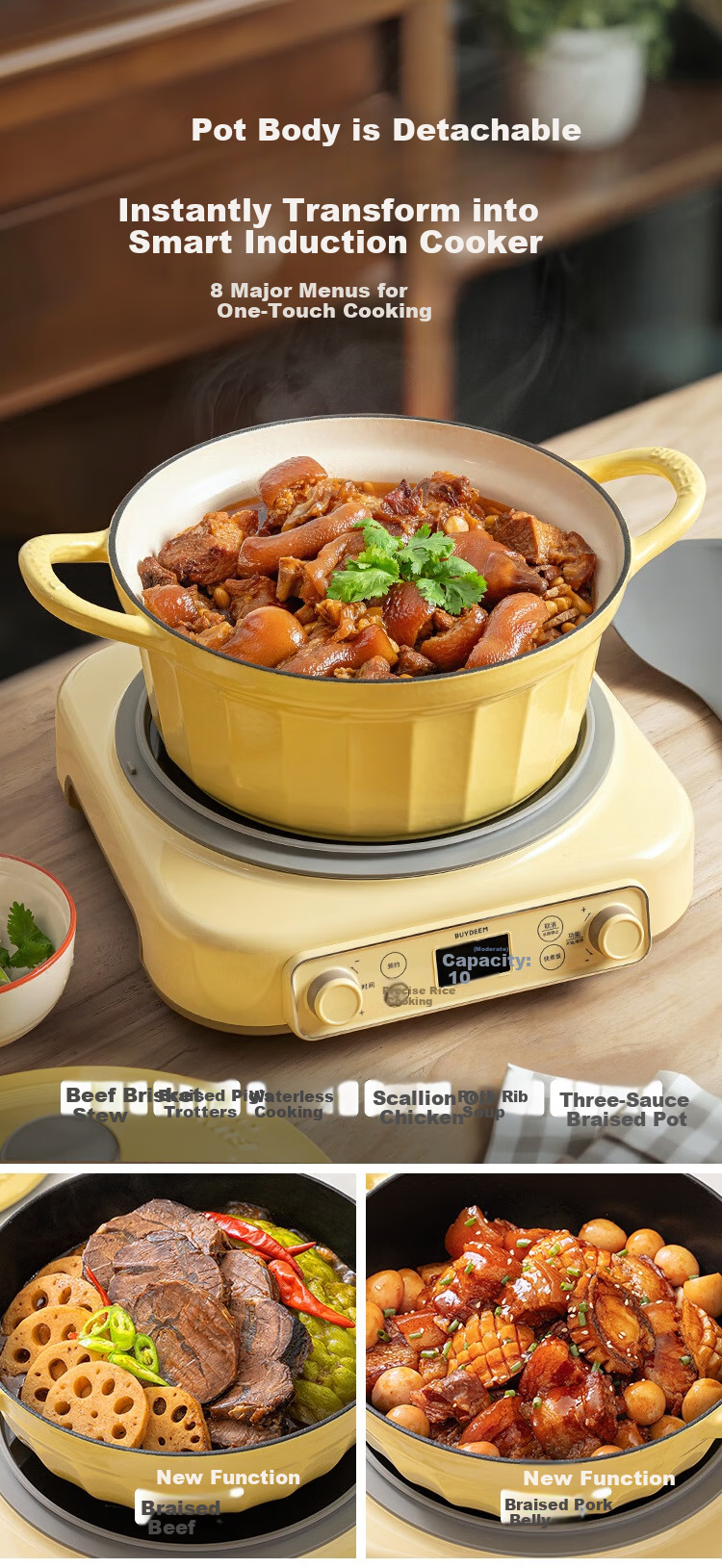 Buydeem Multi-Functional 3L IH Rice Cooker Electric Cooker for 2-6 People with Removable Non-Coated Inner Pot R531 Light Yellow + 28cm Hot Pot + BBQ Grill Pan 4