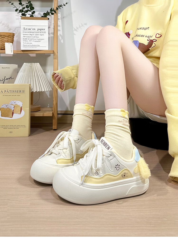 Renben Fleece-Lined White Sneakers for Women Cute Puppy Low-Top Original Casual Thick-Soled Warm Cotton Shoes Trendy Female 5
