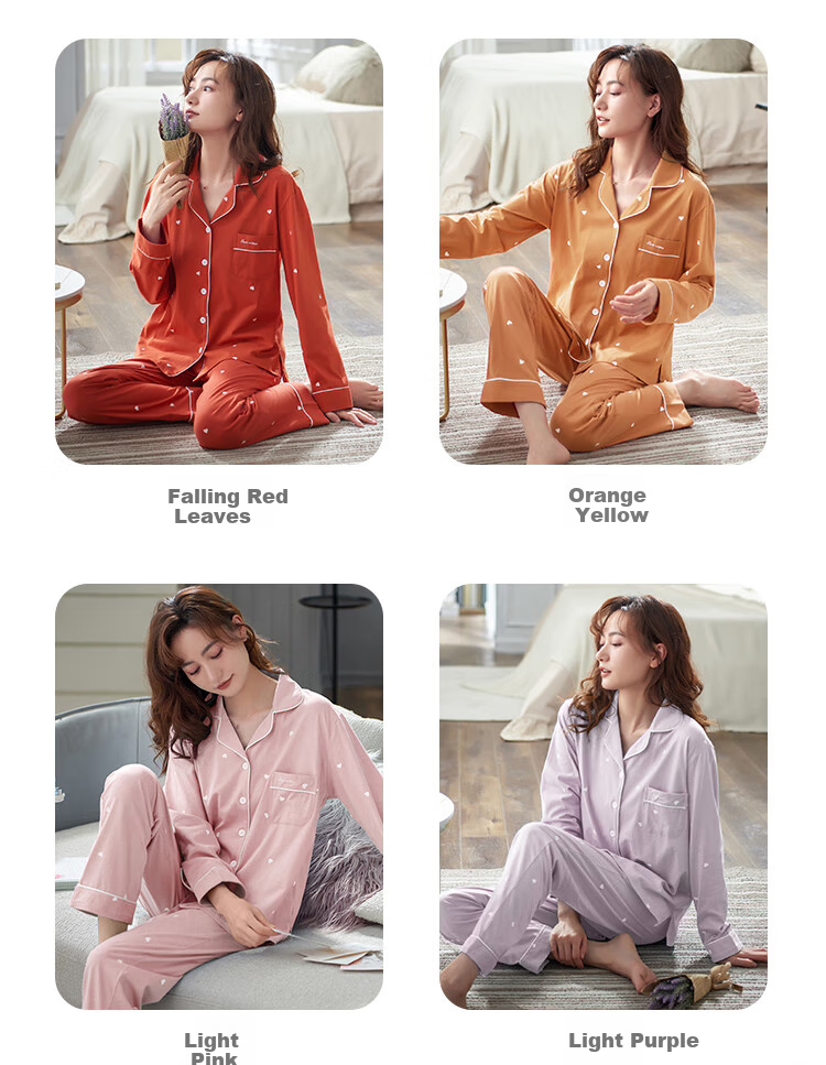Mianjiyin Women's Pajamas, Spring And Autumn Season, 100% Pure Cotton, Lapel Cardigan, Printed All-Cotton Long-Sleeve, Wearable Outside, Home Loungewear Set 3