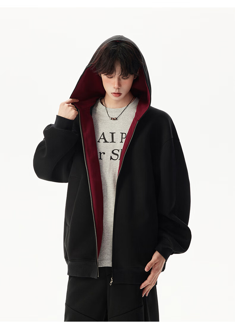 Foss Phil Men's Autumn Winter American Style Hoodie Double Zipper Colorblock Couple Zip-up Jacket 5Q1083 Black XL 12