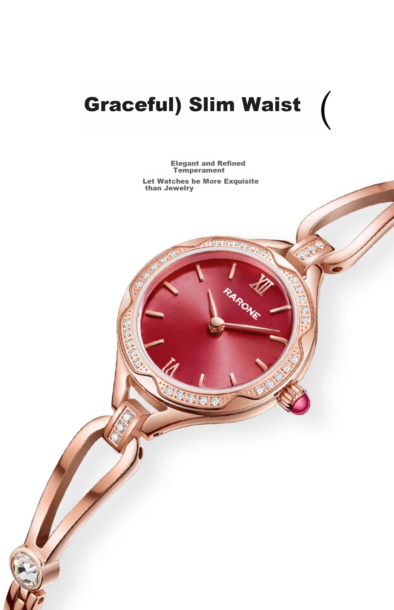 RARONE Slim Waist U Women's Watch, Cherry Pink Bracelet Wristwatch, Quartz Steel Strap, Birthday Gift for Girlfriend 5